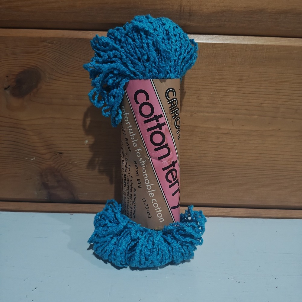 Vintage Caron Cotton Terry Yarn 1 Skein H500 5004 Turquoise 15% Rayon 1.75oz H3